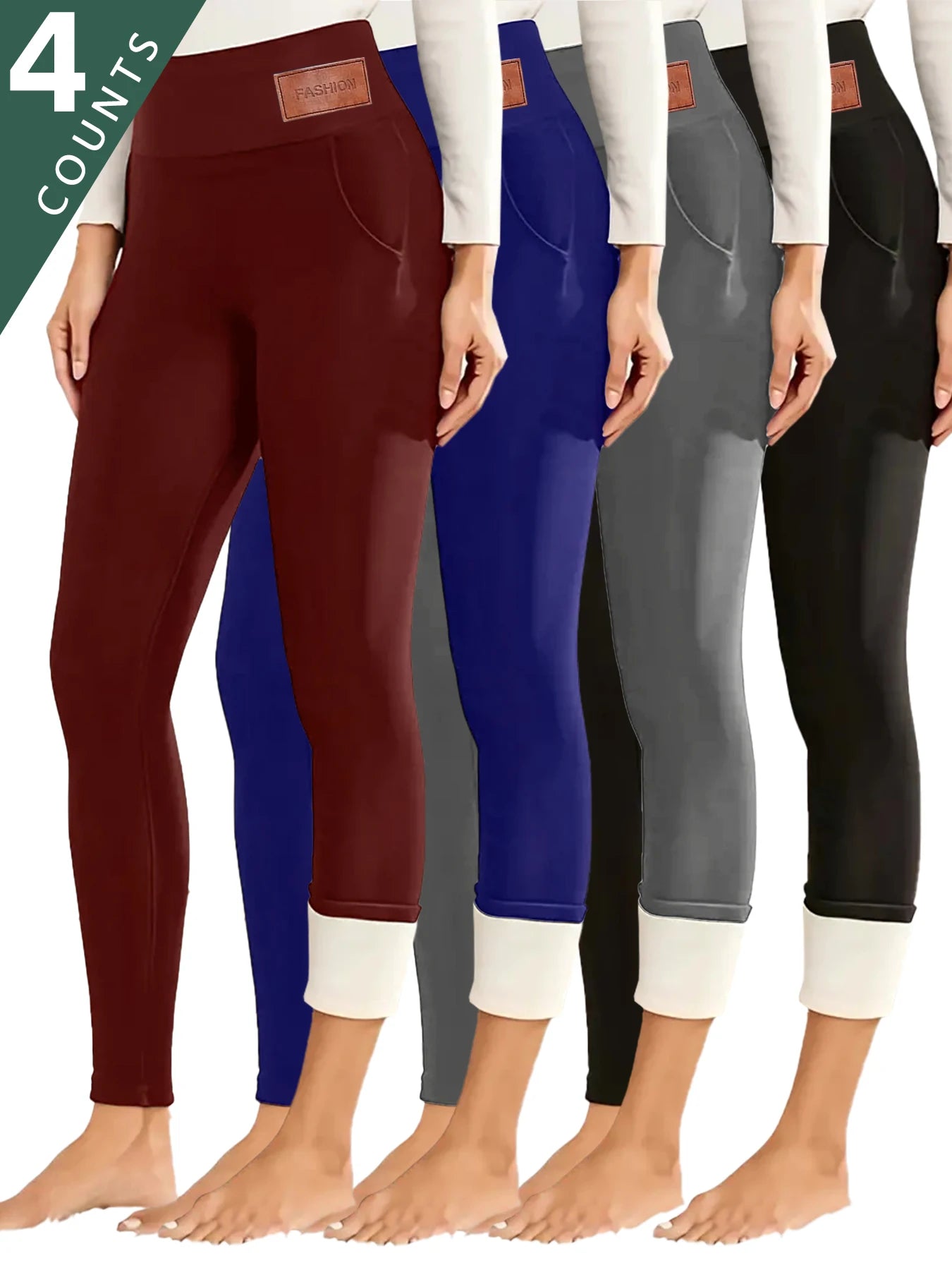 Women's 4-Pack High-Waisted Fleece-Lined Tummy Control Leggings Thickened Elastic Waistband Winter Thermal Insulation Side Pocke