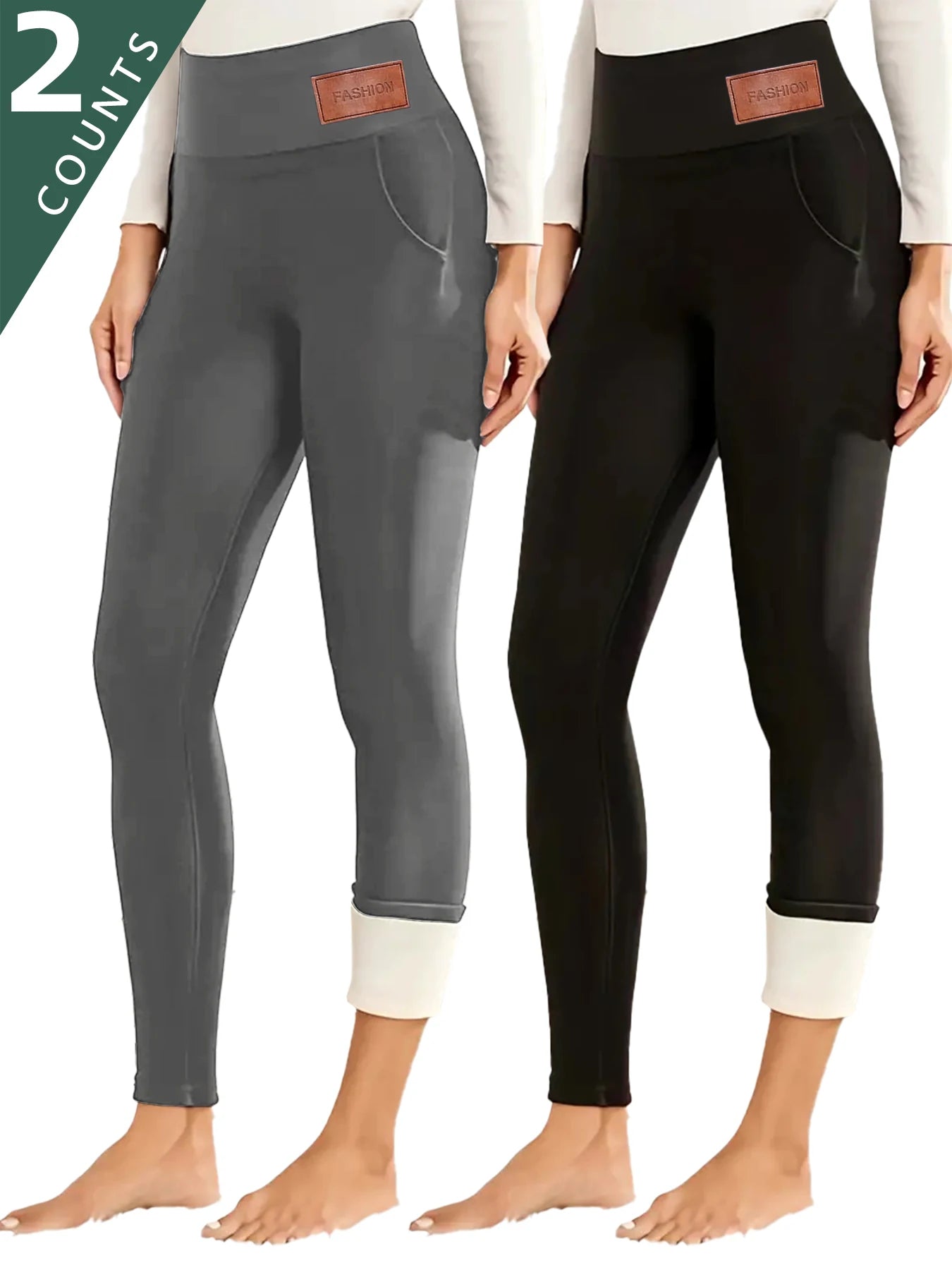 Women's 4-Pack High-Waisted Fleece-Lined Tummy Control Leggings Thickened Elastic Waistband Winter Thermal Insulation Side Pocke