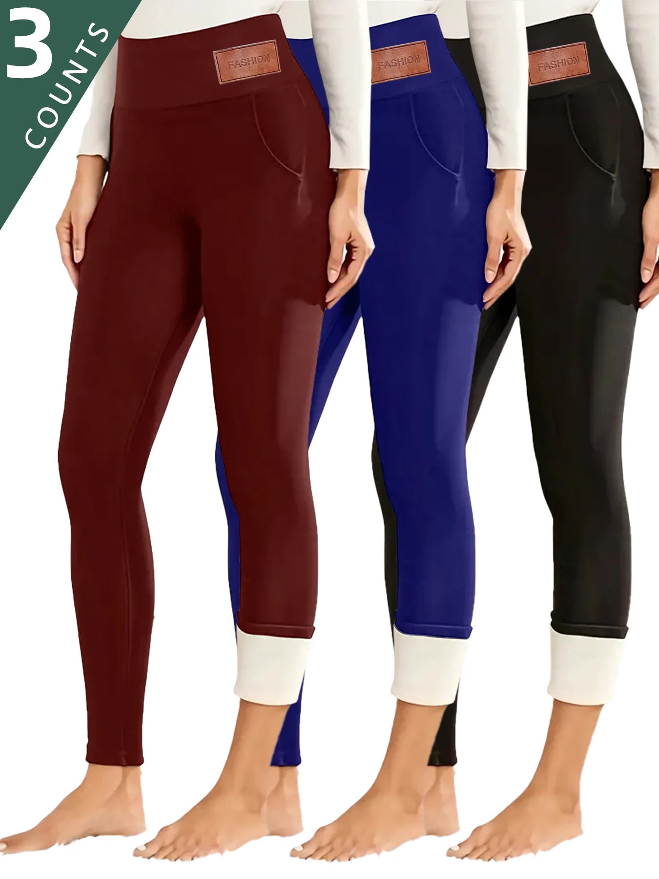 Women's 4-Pack High-Waisted Fleece-Lined Tummy Control Leggings Thickened Elastic Waistband Winter Thermal Insulation Side Pocke