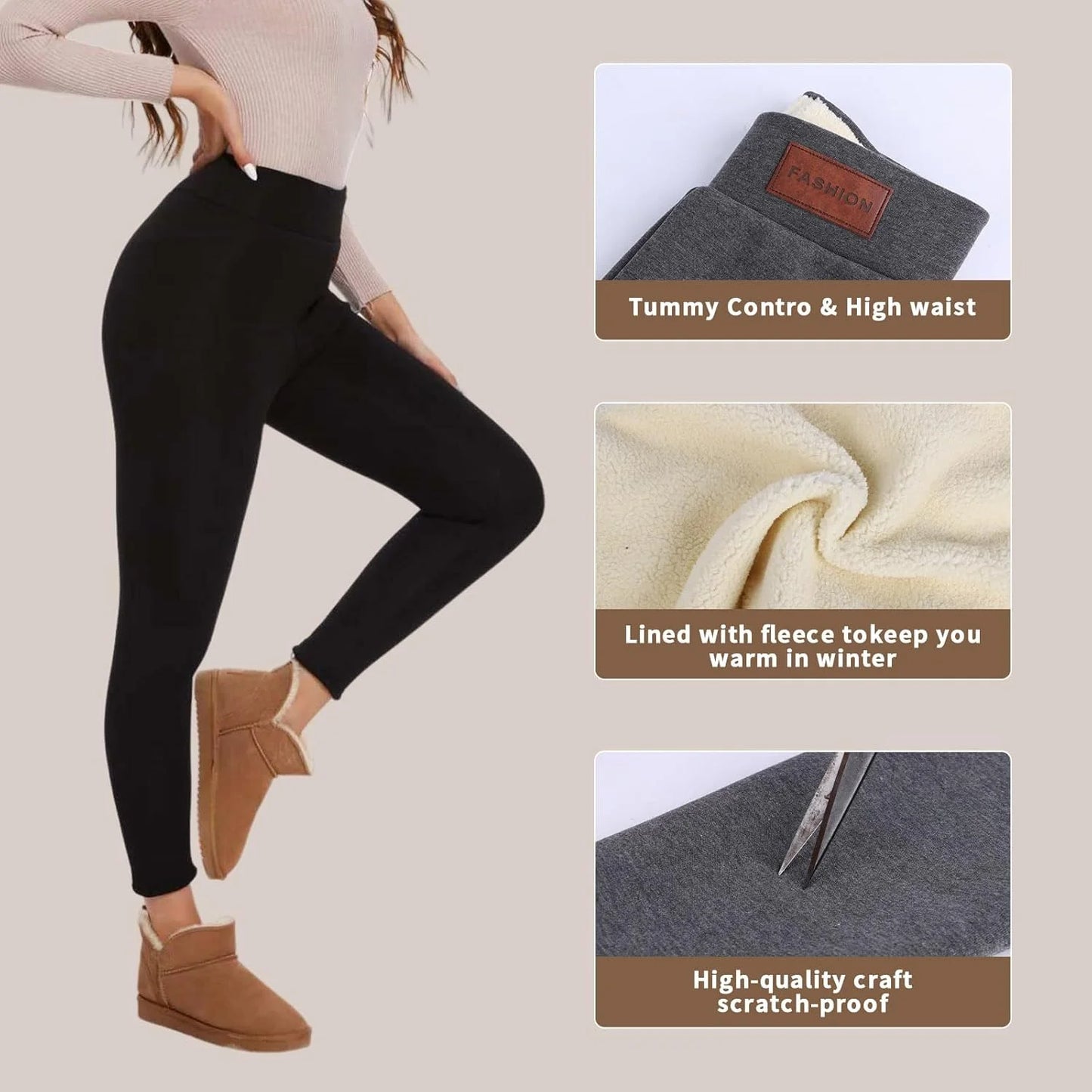 Women's 4-Pack High-Waisted Fleece-Lined Tummy Control Leggings Thickened Elastic Waistband Winter Thermal Insulation Side Pocke