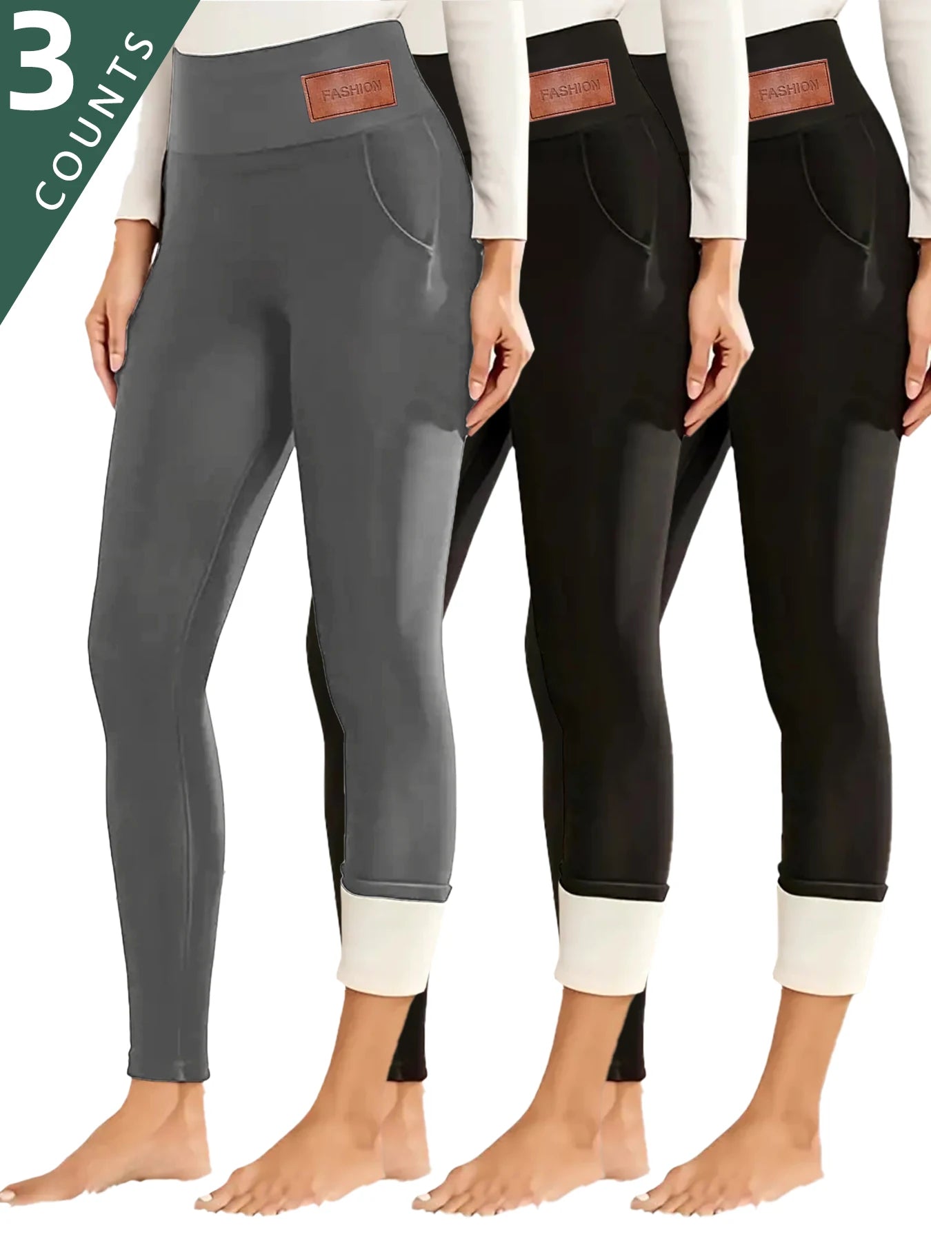 Women's 4-Pack High-Waisted Fleece-Lined Tummy Control Leggings Thickened Elastic Waistband Winter Thermal Insulation Side Pocke