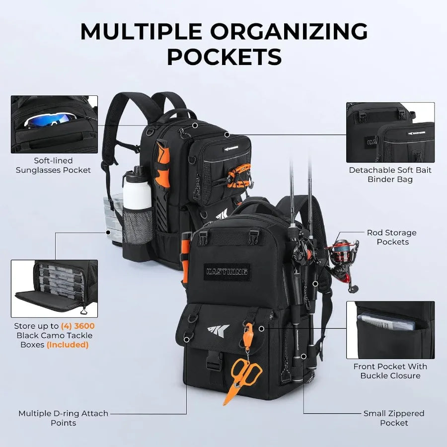 BaitSpace 50L Fishing Tackle Backpack with Removable Bait Binder 2 Rod Holders Ample Storage for Fishing Gear and Equipment Ide