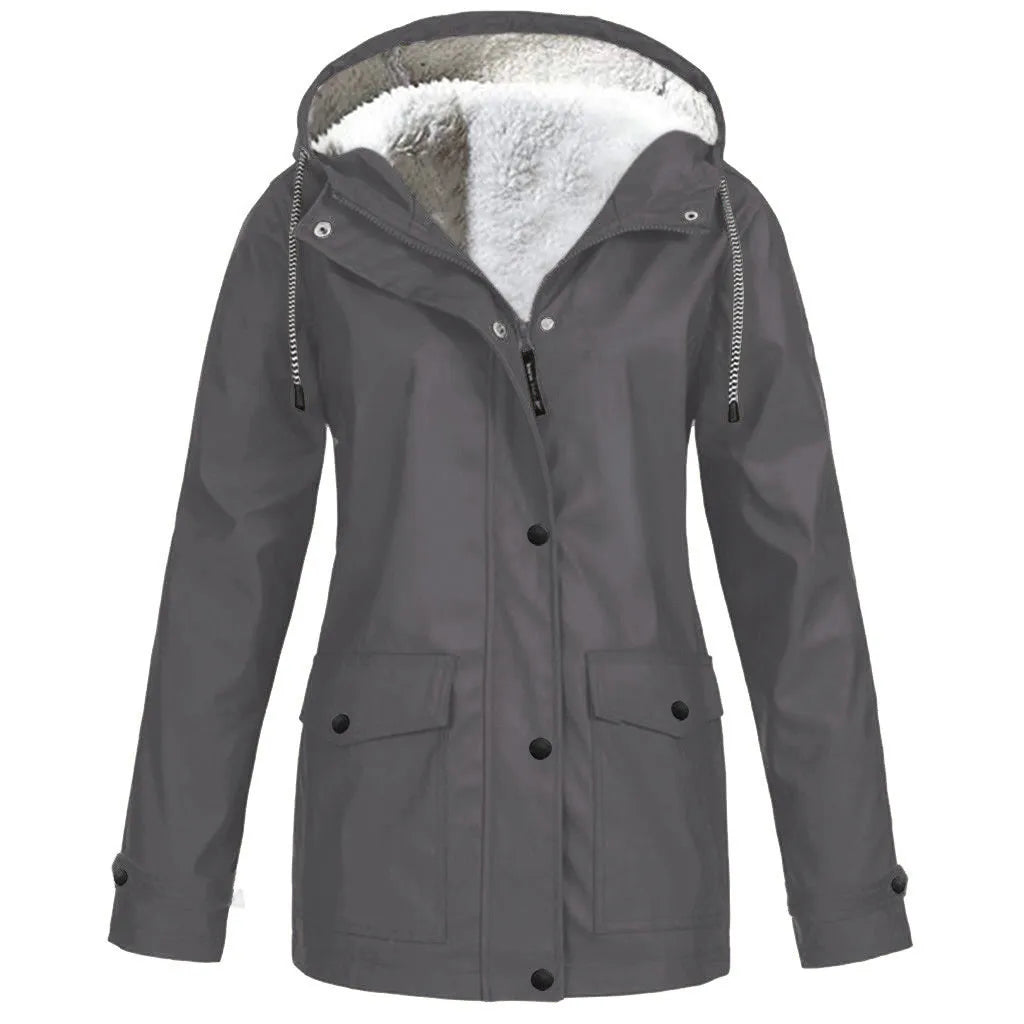 Women's Autumn Winter Plus Velvet Jacket Windproof Waterproof Hooded Coat Outdoor Sports Cloths For Climbing Cycling Fishing