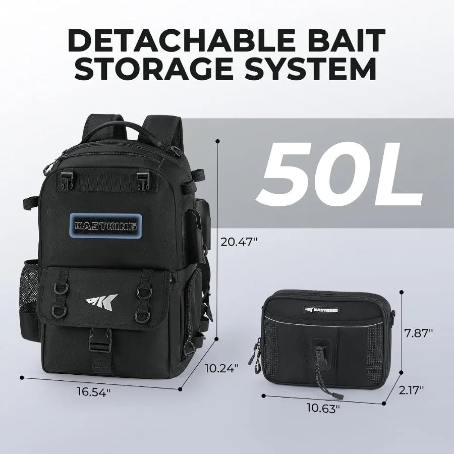 BaitSpace 50L Fishing Tackle Backpack with Removable Bait Binder 2 Rod Holders Ample Storage for Fishing Gear and Equipment Ide